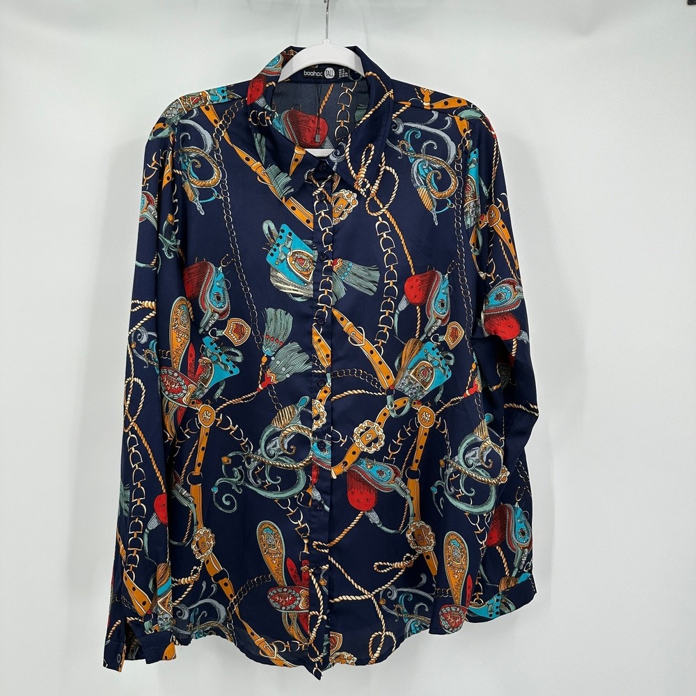 Womens Equestrian Chain Print Top Size 14 Tall Bit Bridle Dark Academia Office